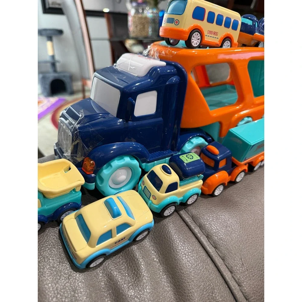 Toy Car‎ Carrier Truck Playset With Mini Cars Bus Airplane Yellow Blue Orange